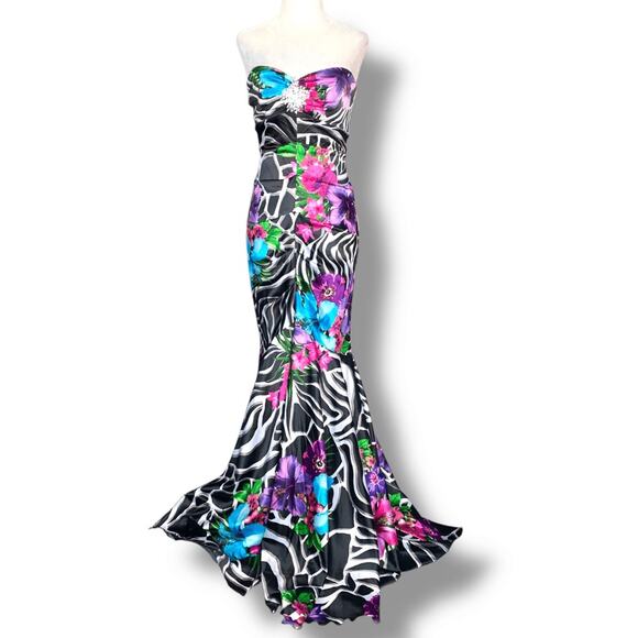 Vintage Cache Maxi Zebra Floral Mermaid Gown Strapless Corset Blue Pattern 4